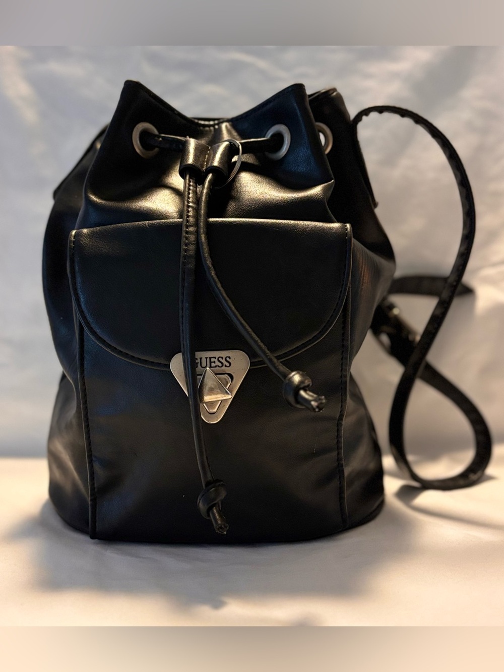 Guess Black Faux Leather Drawstring Backpack with Front Pocket